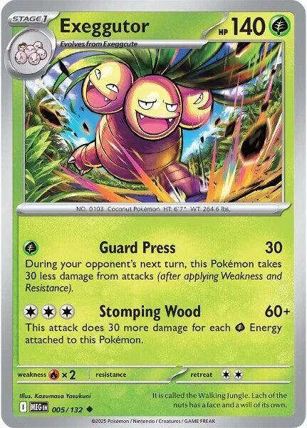Purple and yellow bug Pokémon card, Exeggutor, with attack details.