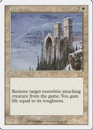 Blue and white card art of stone towers against snowy mountains. Exile ability text.