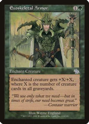Dark armored warrior in green and black, Exoskeletal Armor Magic: The Gathering card.