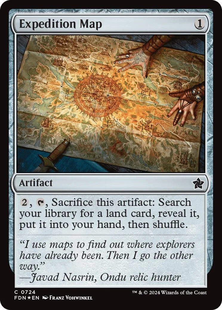 Card art shows hands on an aged, detailed map with a compass rose.