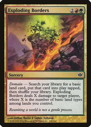 Magic: The Gathering card, "Exploding Borders," showing fiery landscape art.