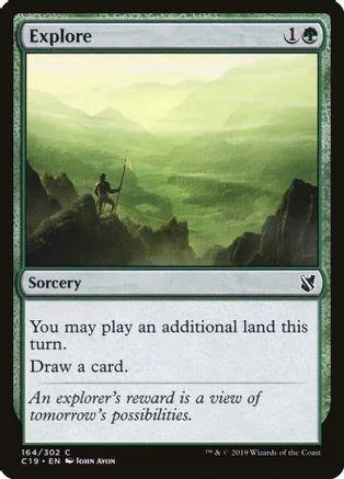 Green landscape card featuring a small figure on a rocky outcrop.