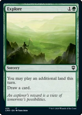 Green landscape art card with "Explore" text box and mana symbol.