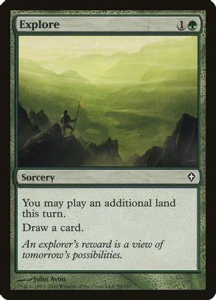 Green landscape art card featuring a small figure on a rocky outcrop.