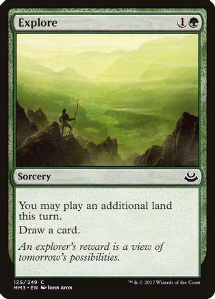 Green landscape with small figure on mountain; Magic: The Gathering Explore card.