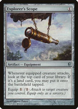 Brass telescope hangs from chains against a cloudy, mountainous background.