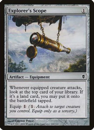 Explorer's Scope Magic: The Gathering card featuring a brass telescope against a sky.