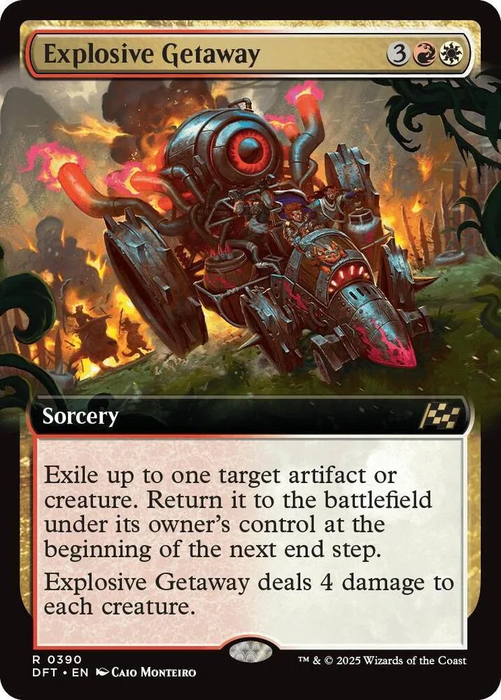 Dark, fiery mechanical vehicle on a Magic: The Gathering card.