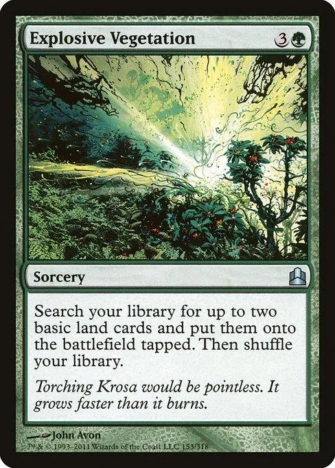 Green and yellow landscape art on a Magic: The Gathering "Explosive Vegetation" card.