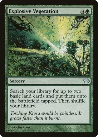 Green landscape art on a Magic: The Gathering card titled "Explosive Vegetation.