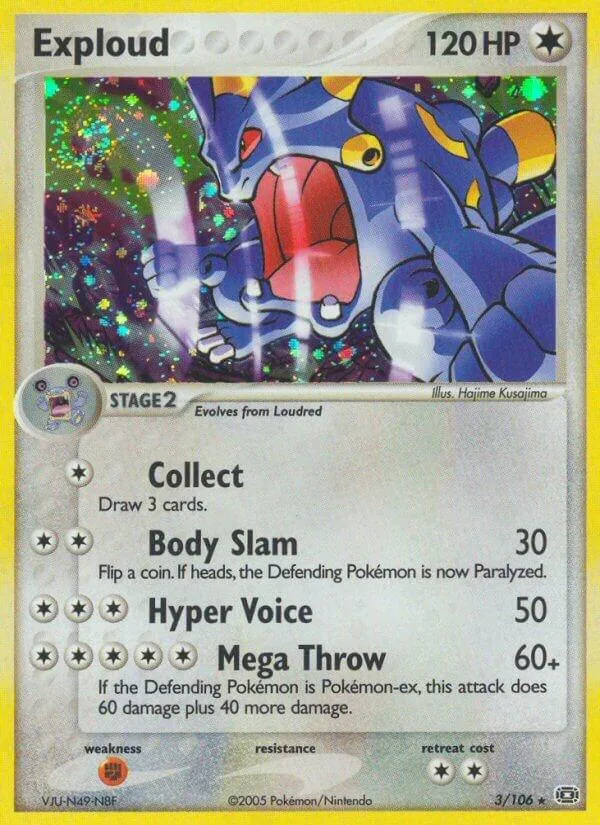 Blue and yellow monster Pokémon card, Stage 2, with attack stats visible.