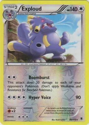 Purple, bulky Pokémon card, Stage 2, "Exploud," with attack text visible.