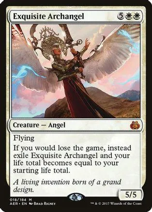 Angel creature card art: winged figure in armor against a sunset sky.