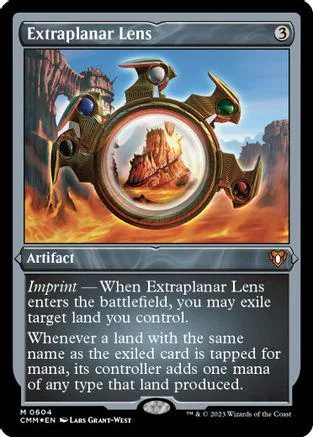 Metal lens artifact card with fiery landscape art. Blue and silver design.