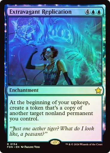 Blue and green magic card featuring a woman and two large, glowing creatures.
