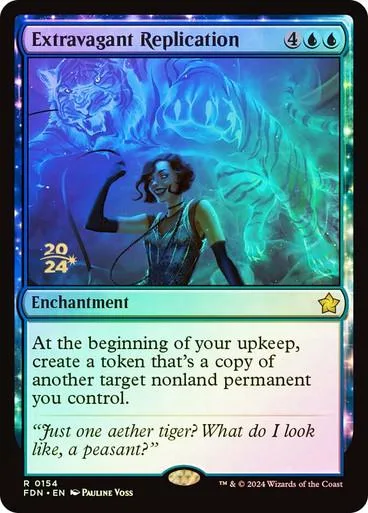 Blue and green card art featuring a woman amidst glowing tiger imagery.