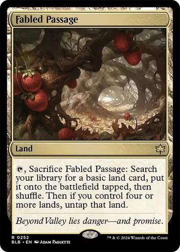 Black and gold Magic: The Gathering card, "Fabled Passage," showing a forest scene.
