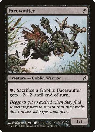 Goblin warrior card art showing green goblin figures in a swampy setting.