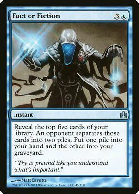 Dark, hooded figure on a Magic: The Gathering card titled "Fact or Fiction.