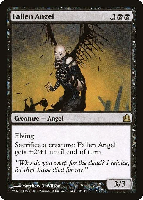 Black and white angel creature card with dark wings, showing spell text.