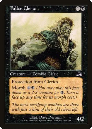 Zombie cleric with tattered robes, dark and green tones, on a Magic: The Gathering card.