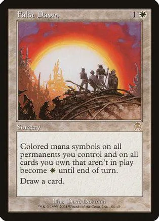 Fantasy landscape with figures silhouetted against a bright orange sun. Sorcery card.