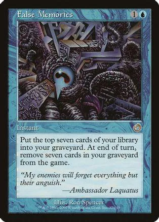 Dark, chaotic artwork on a Magic: The Gathering card titled "False Memories.
