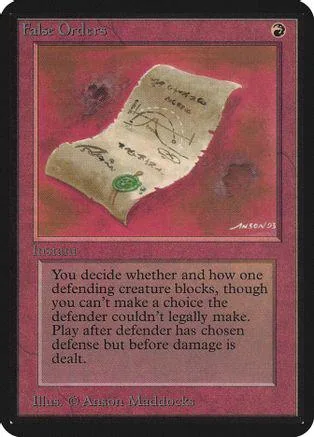Tan scroll with signature on red background. Magic: The Gathering card.