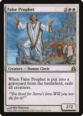 White-robed figure on rocks against blue sky. Magic: The Gathering card.