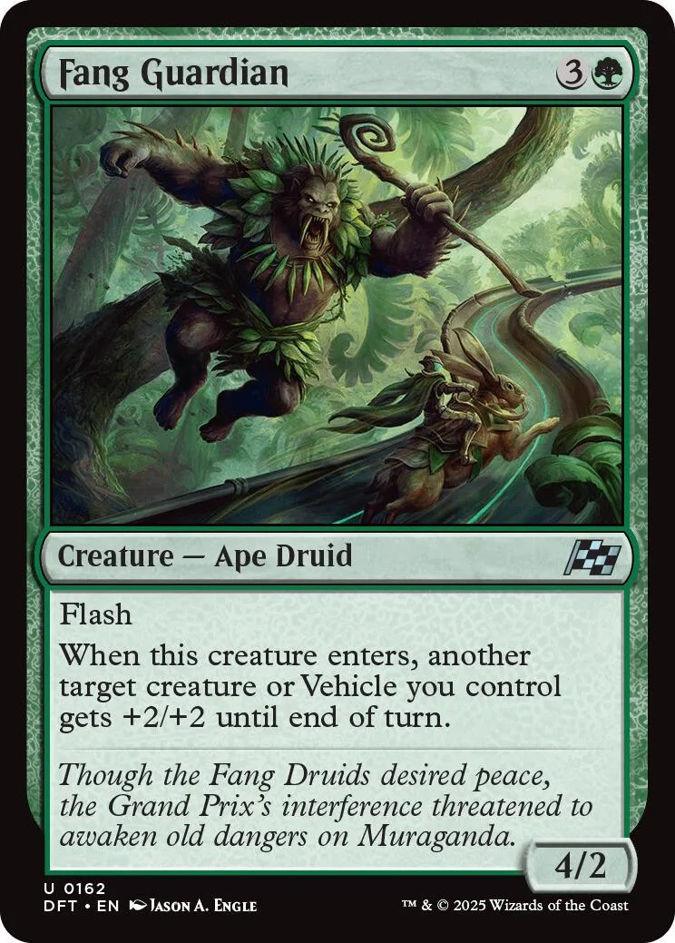 Green ape druid creature card art, showing a fierce, mossy figure in a forest.