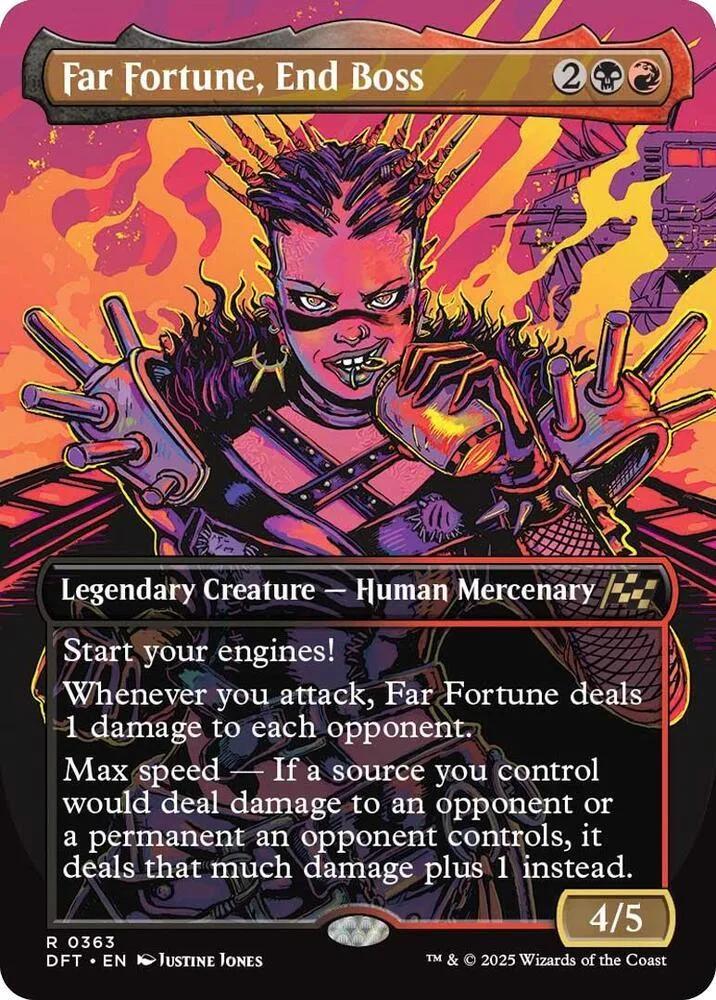 Dark-haired creature with spiky hair, holding a weapon, on a fiery background.
