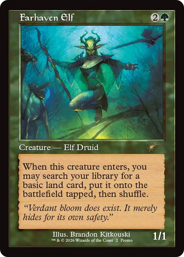 Green elf druid creature card art, showing a figure in a forest setting.