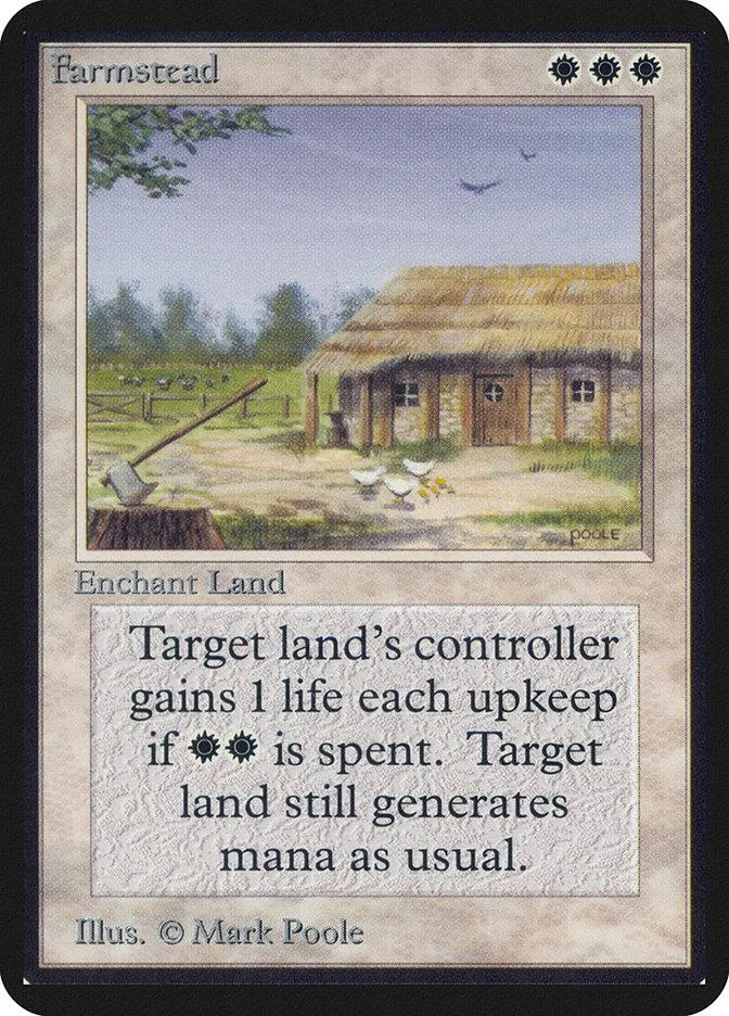 Card art of a thatched-roof farmhouse in a grassy field. Enchantment land card.