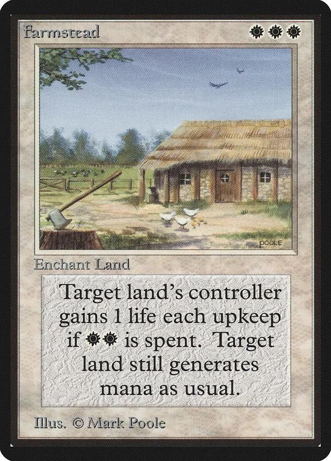 Card art shows a thatched-roof farmhouse in a rural landscape.