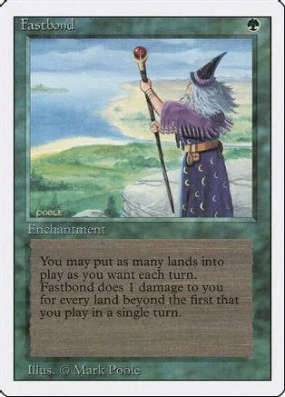 Wizard with staff on green landscape, purple robes, Magic: The Gathering card.