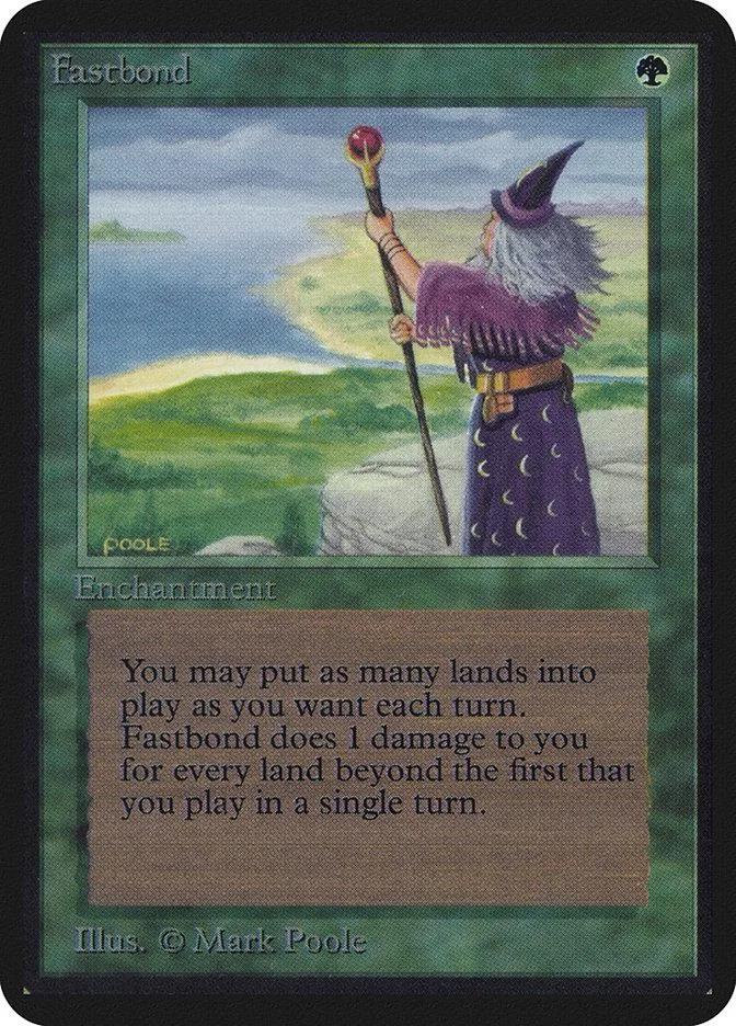 Magic: The Gathering card, Fastbond, featuring a wizard against a green landscape.