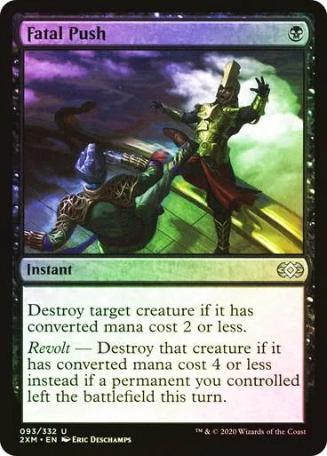 Purple and green Magic: The Gathering card, "Fatal Push," showing two figures battling.