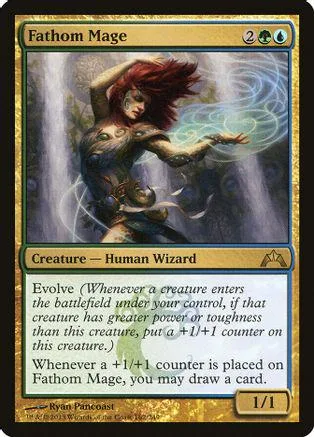 Wizard with red hair casting blue magic on a fantasy card.