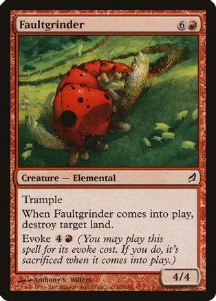 Red and black die creature card, Faultgrinder, on a green landscape.