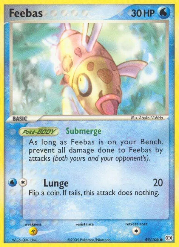 Yellow and pink Feebas Pokémon card with blue and white text.