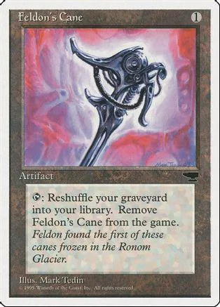 Silver, ornate cane artifact card with purple and pink background art.