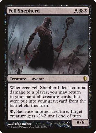 Dark figure in black robes stands in misty, dark landscape on a trading card.