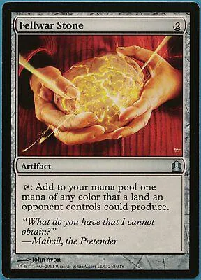 Hands holding a glowing yellow orb on a red background. Fellwar Stone card.