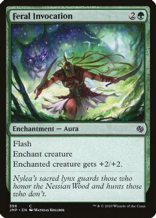 Green and purple fantasy art on a Magic: The Gathering card, "Feral Invocation.