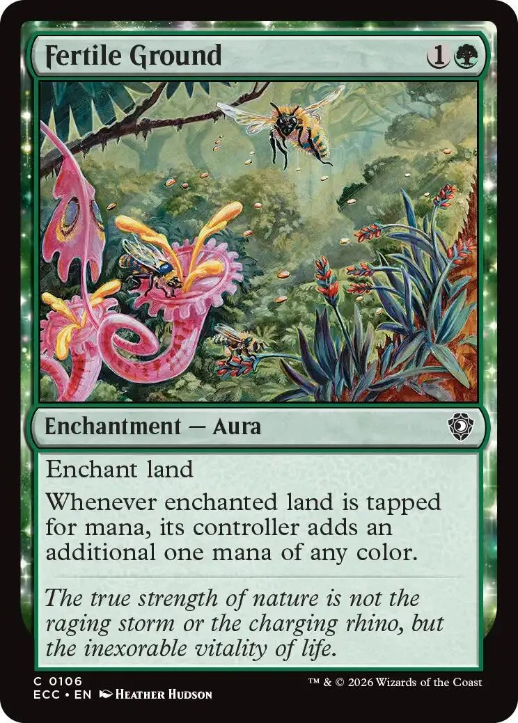 Green and pink magical plants with a bee in a lush, vibrant forest scene.