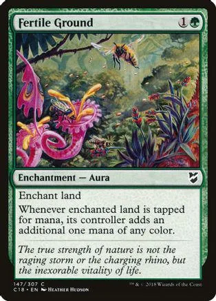 Green forest scene with flying insect on a "Fertile Ground" Magic card.