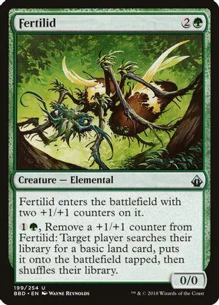 Green elemental creature card art with tangled roots and glowing elements.