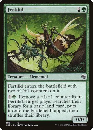 Green elemental creature card with dark foliage and brown tree trunk.