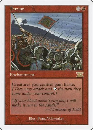 Red and white card art depicts a battle scene under a flag. Enchantment card.
