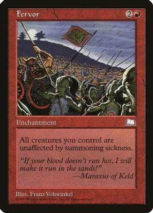 Card art depicts a battle scene under a dark sky. Text reads "Fervor.